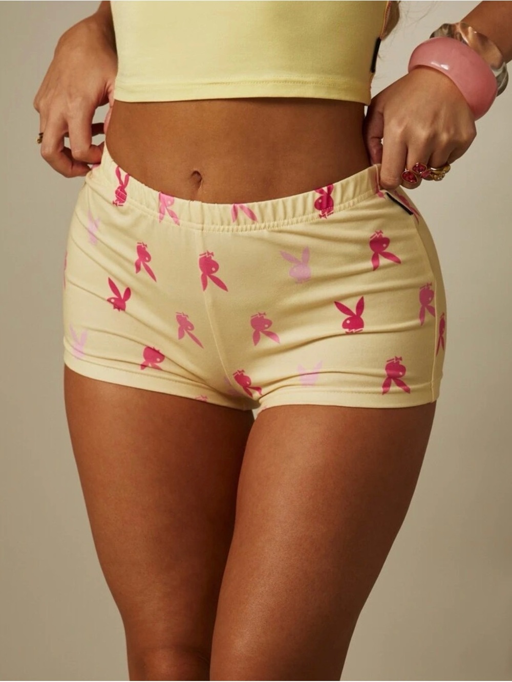 PLAYBOY Yellow Stretch Bike Shorts with Pink Bunny Print